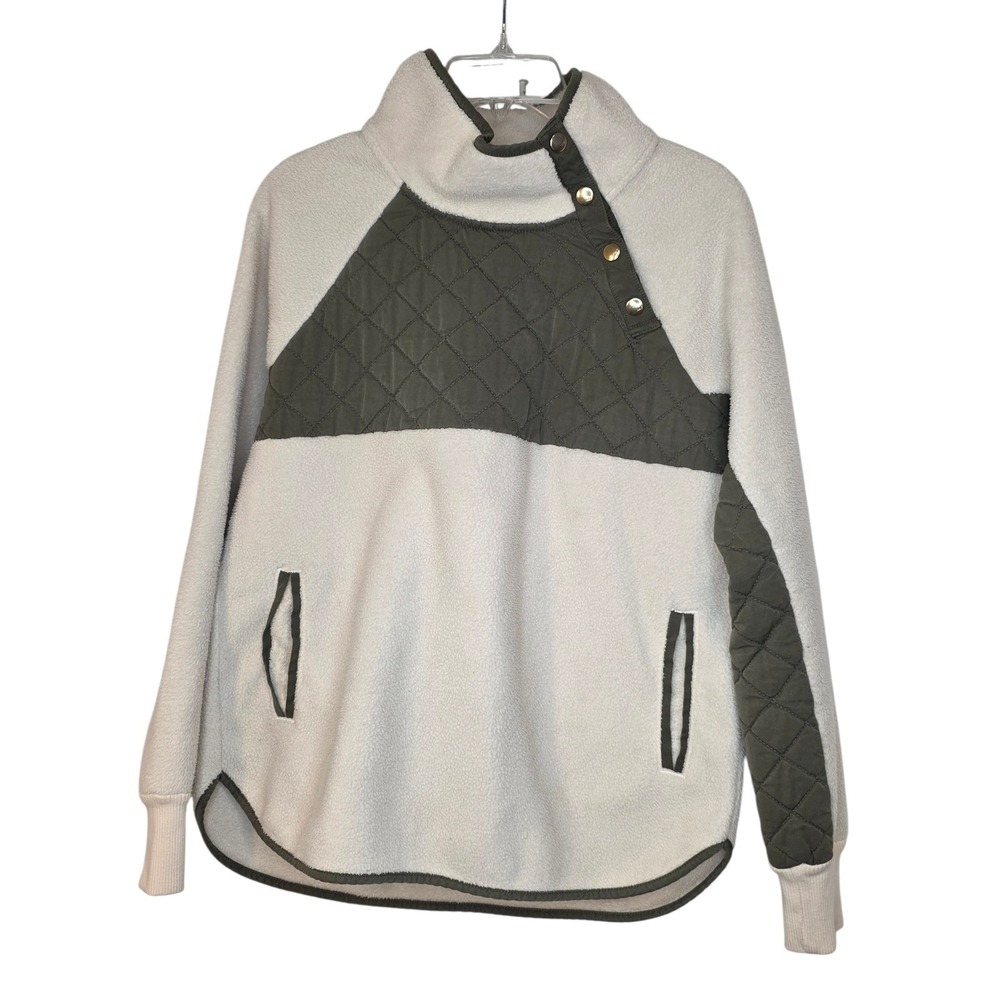 Abercrombie‎ & Fitch Womens Fleece Pullover Cream Olive Quilted Snap Neck Medium - Picture 12 of 12